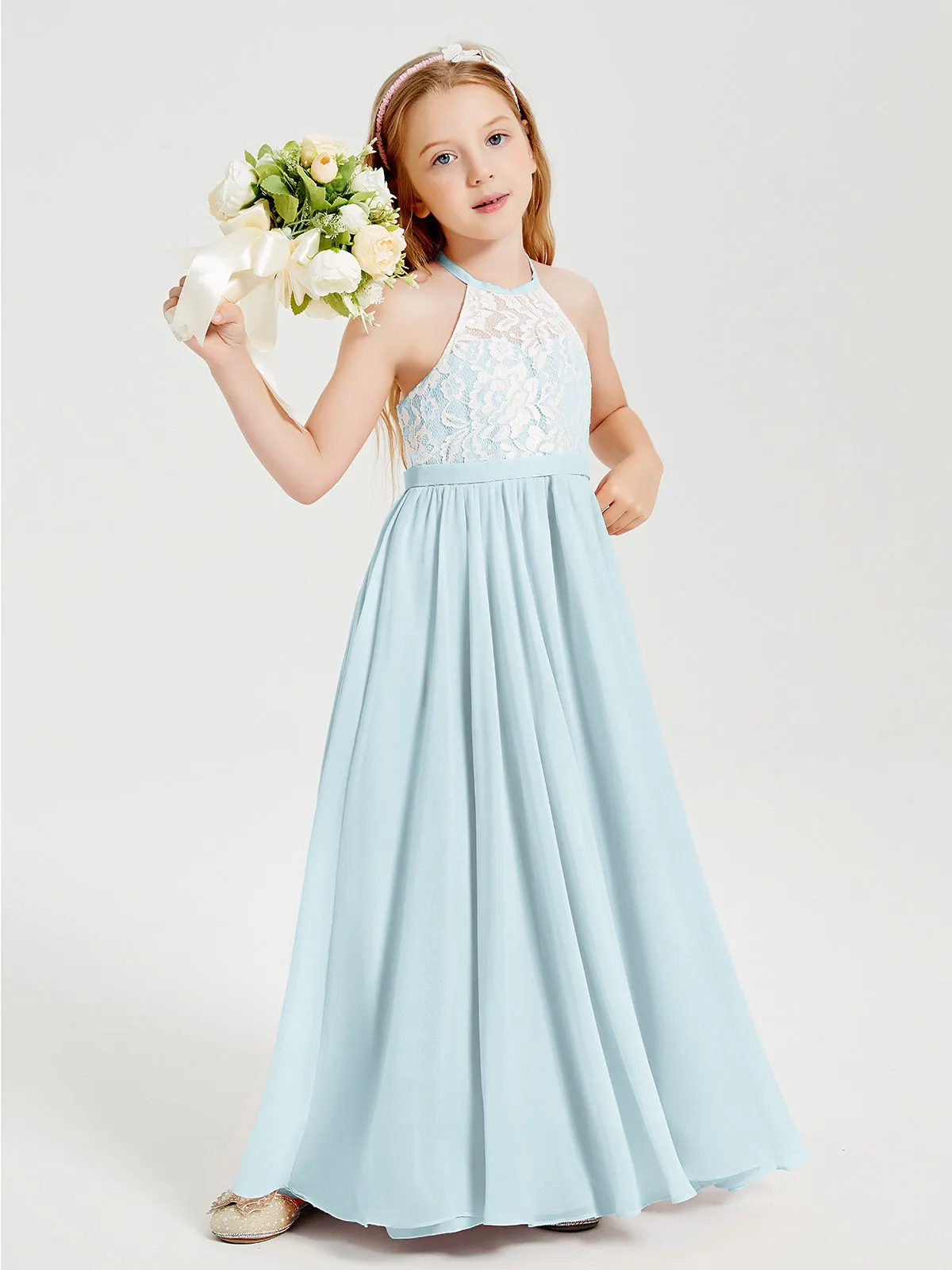 Long Chiffon Bridesmaid Dresses Lace Top Mist