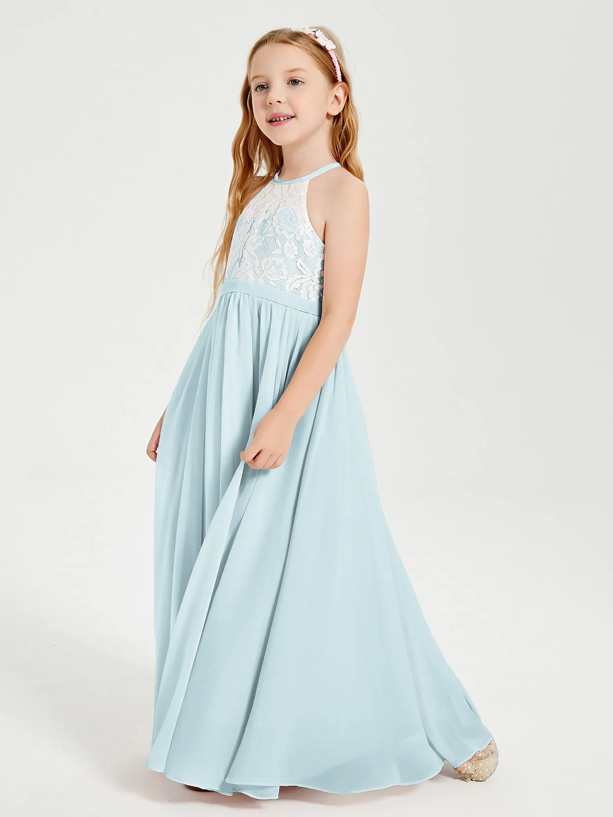 Long Chiffon Bridesmaid Dresses Lace Top Mist