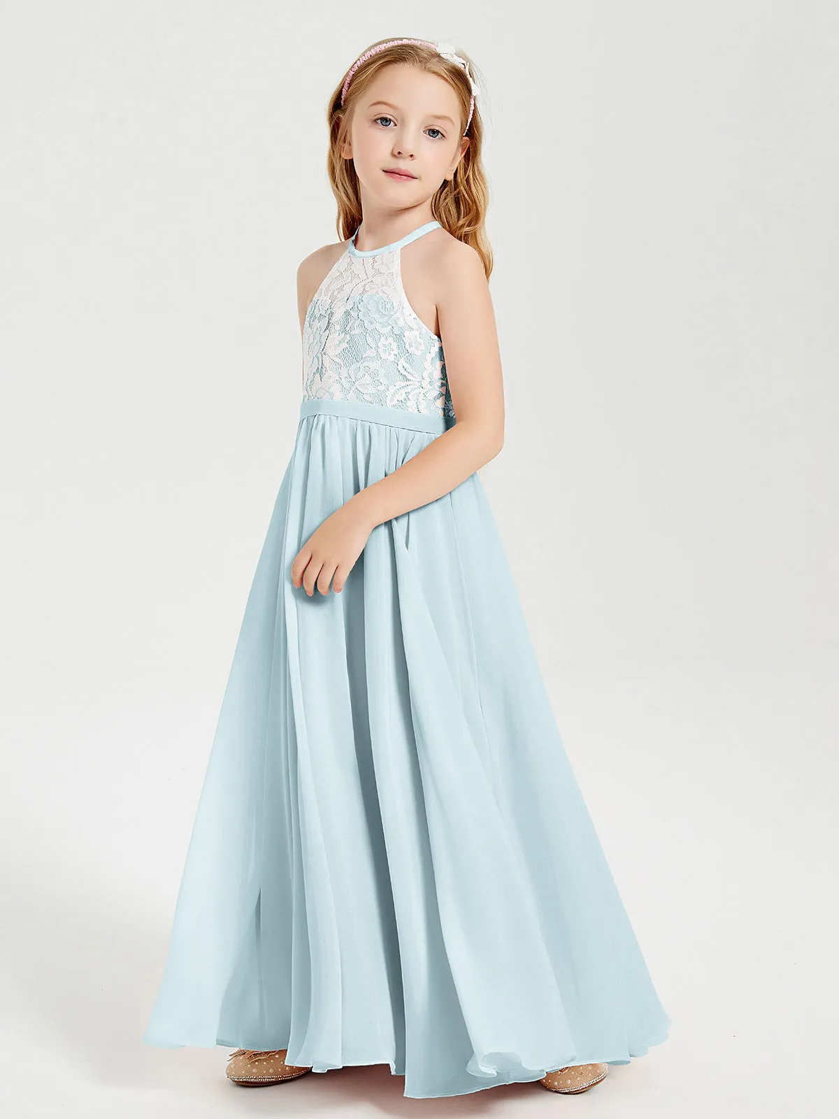 Long Chiffon Bridesmaid Dresses Lace Top Mist