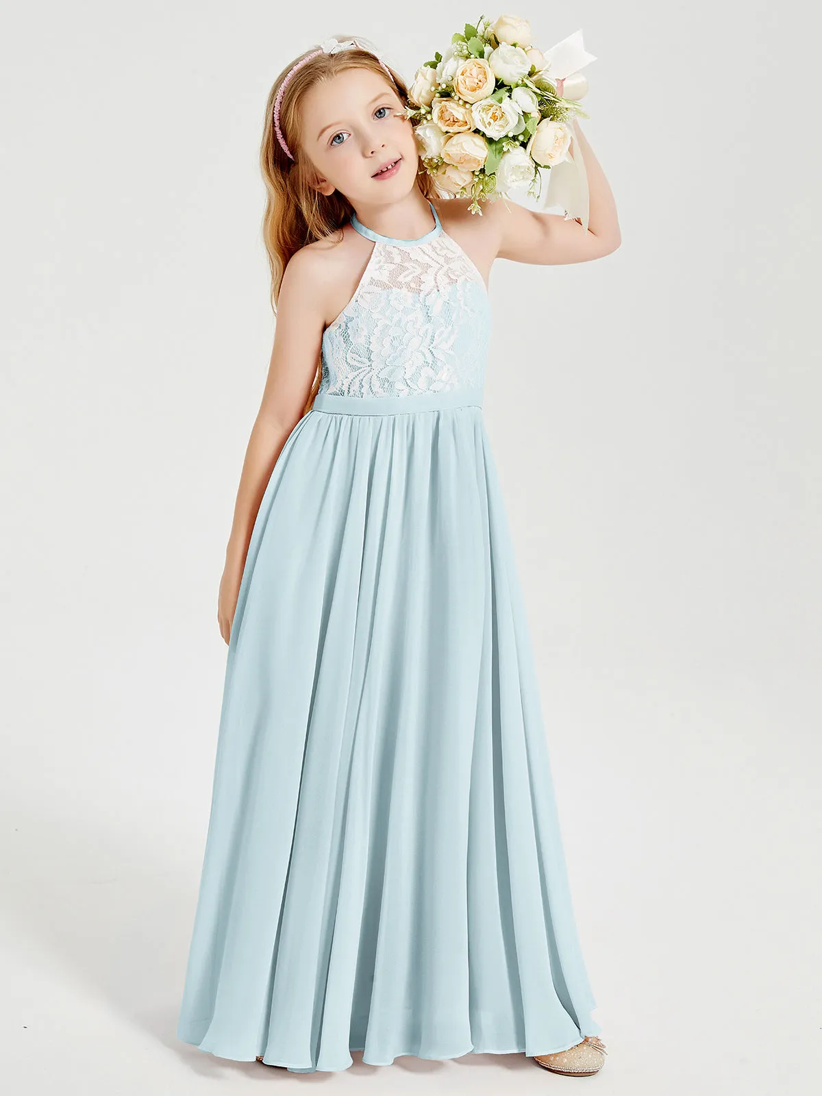 Long Chiffon Bridesmaid Dresses Lace Top Mist