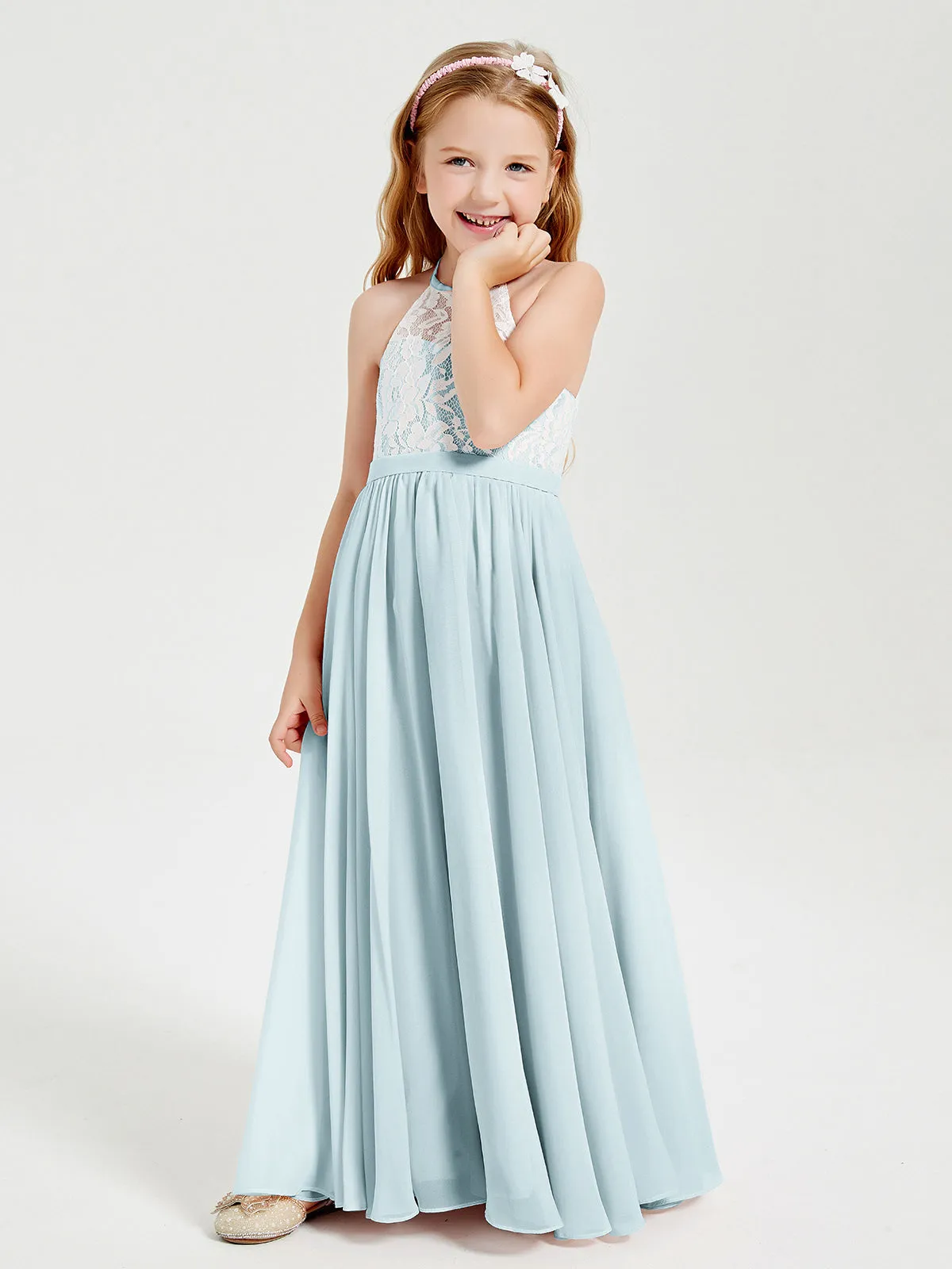 Long Chiffon Bridesmaid Dresses Lace Top Mist