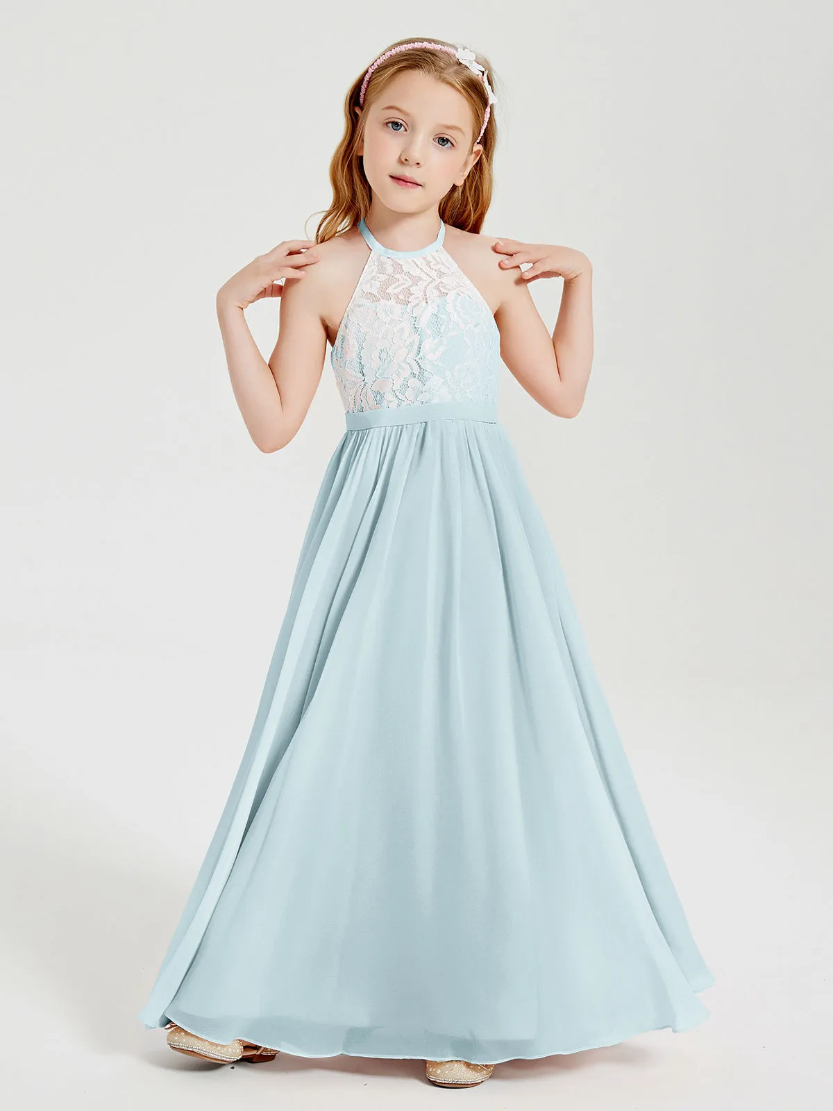 Long Chiffon Bridesmaid Dresses Lace Top Mist