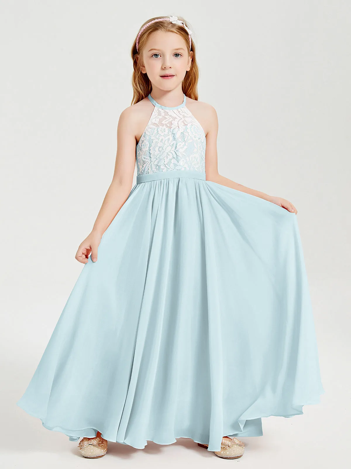 Long Chiffon Bridesmaid Dresses Lace Top Mist