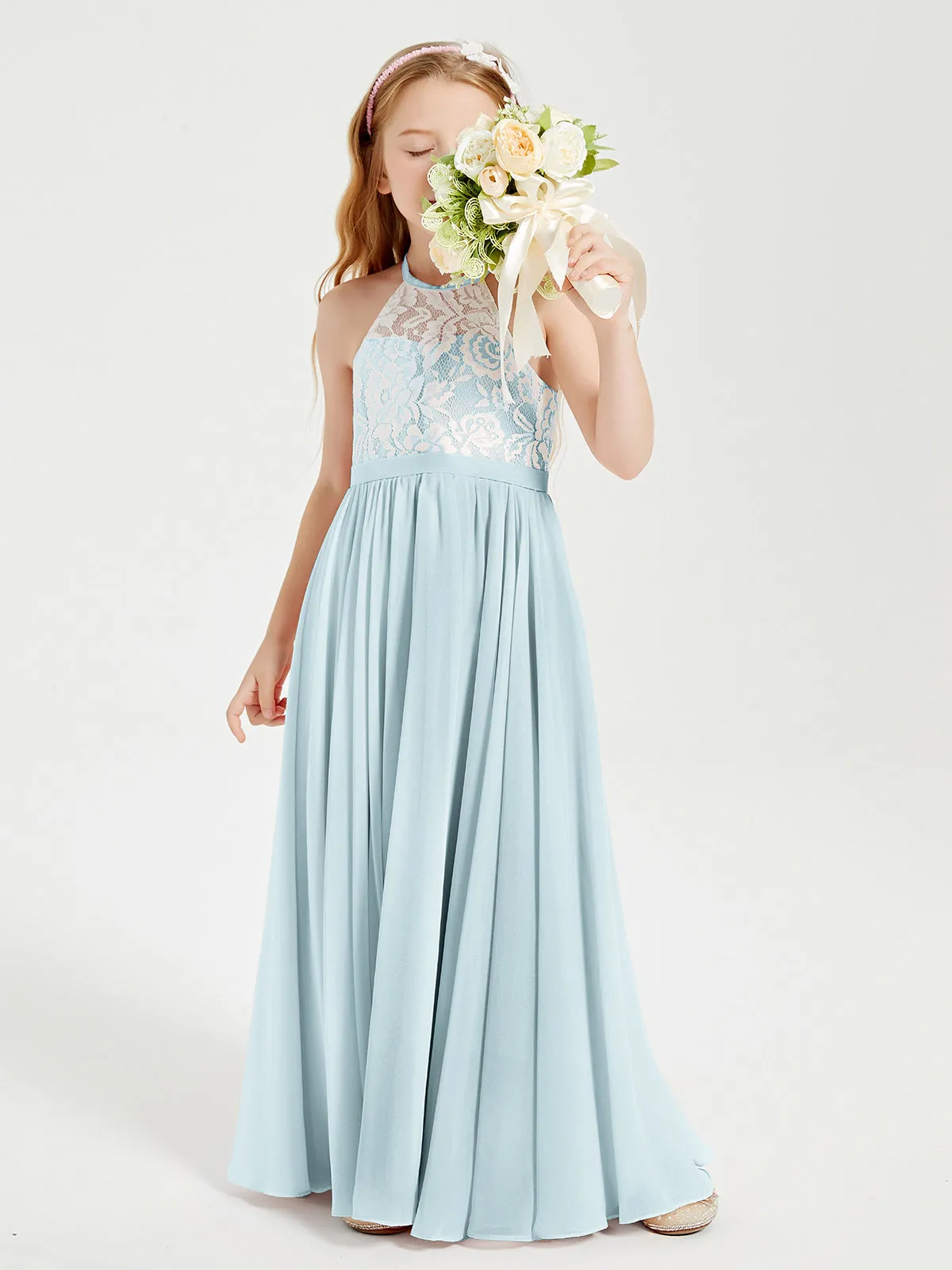 Long Chiffon Bridesmaid Dresses Lace Top Mist