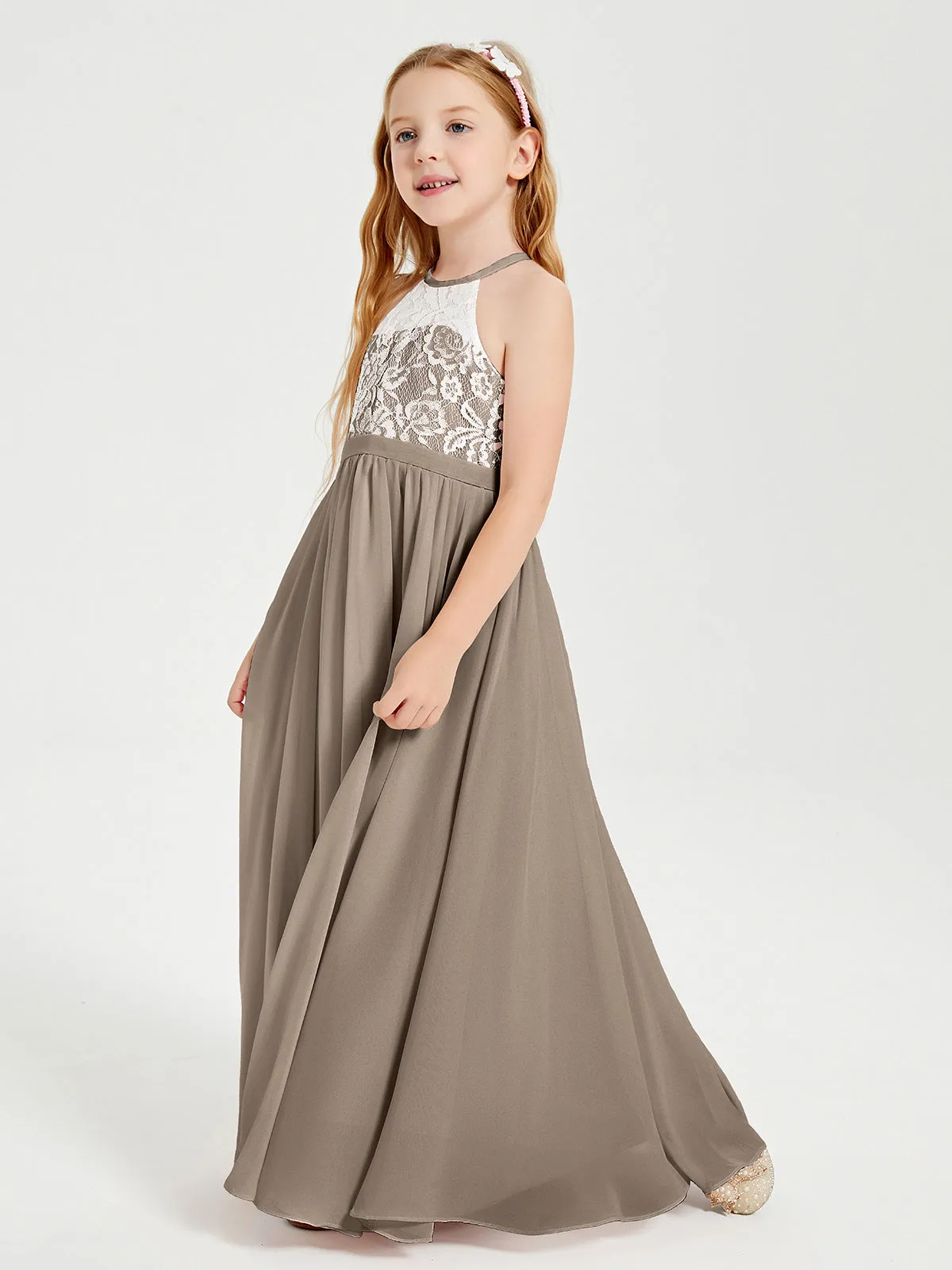 Long Chiffon Bridesmaid Dresses Lace Top Taupe