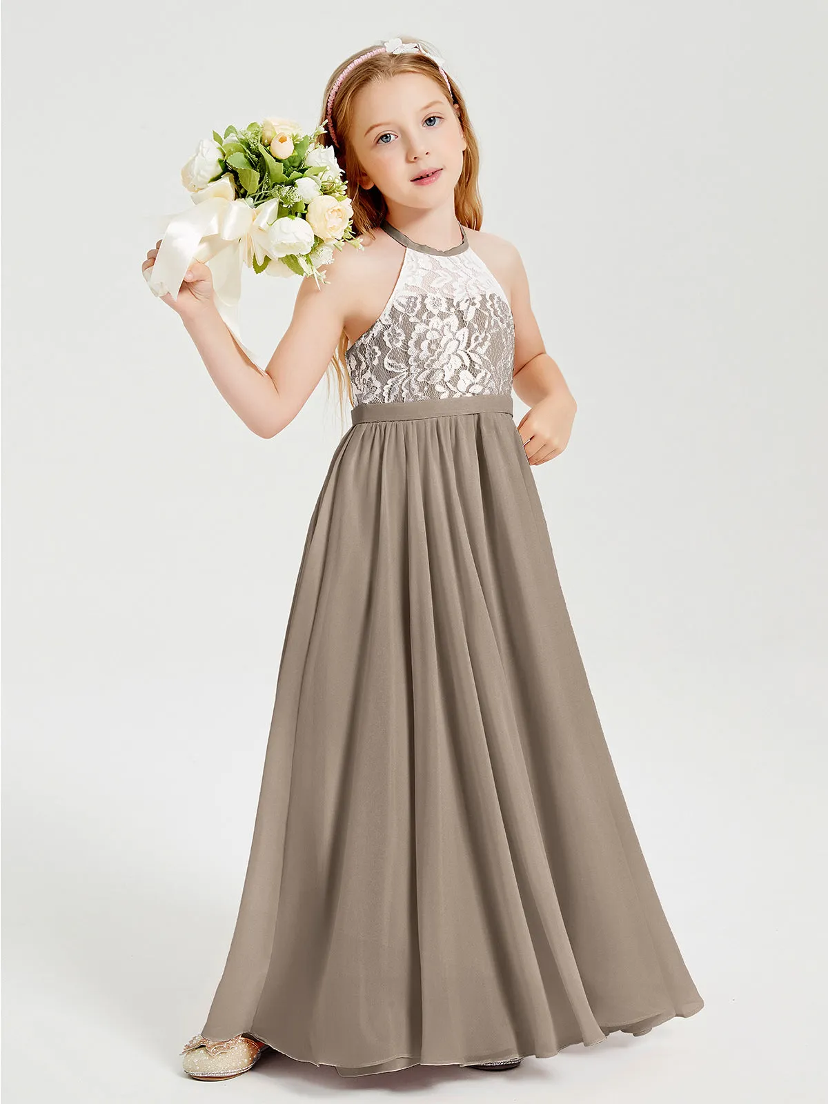 Long Chiffon Bridesmaid Dresses Lace Top Taupe