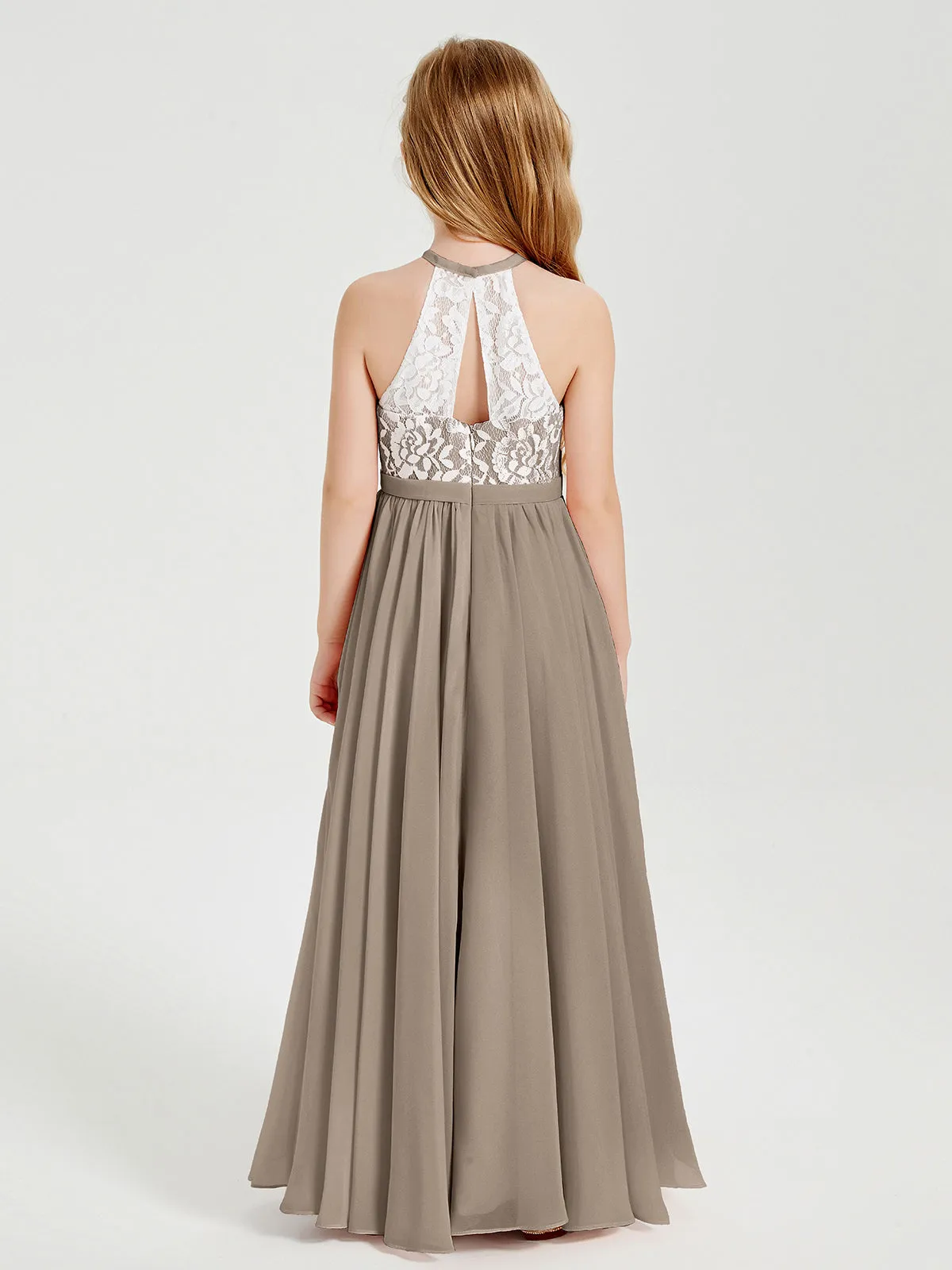 Long Chiffon Bridesmaid Dresses Lace Top Taupe