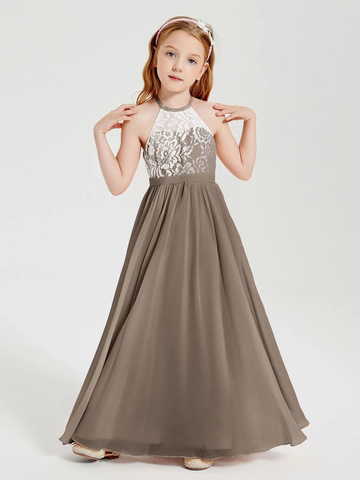 Long Chiffon Bridesmaid Dresses Lace Top Taupe