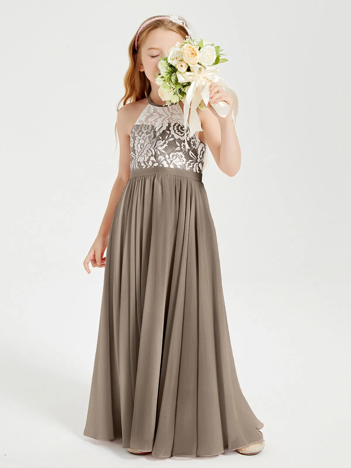 Long Chiffon Bridesmaid Dresses Lace Top Taupe