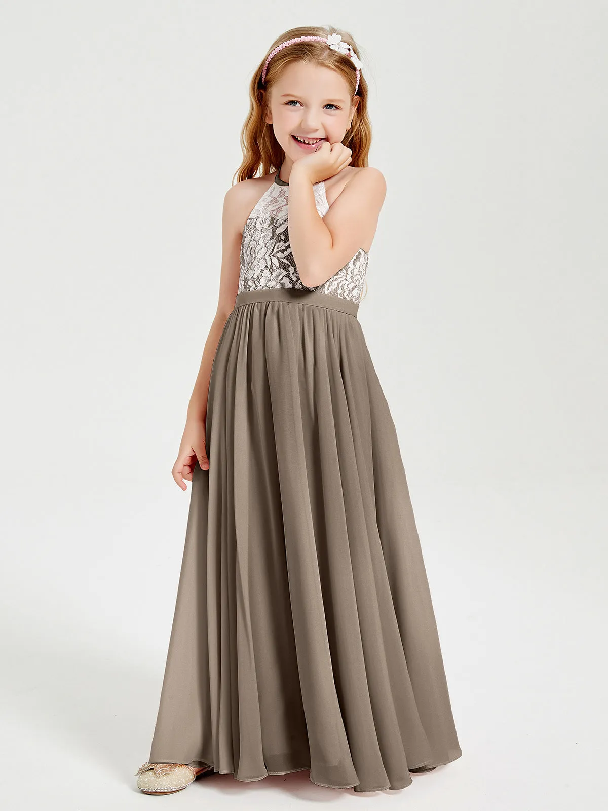 Long Chiffon Bridesmaid Dresses Lace Top Taupe