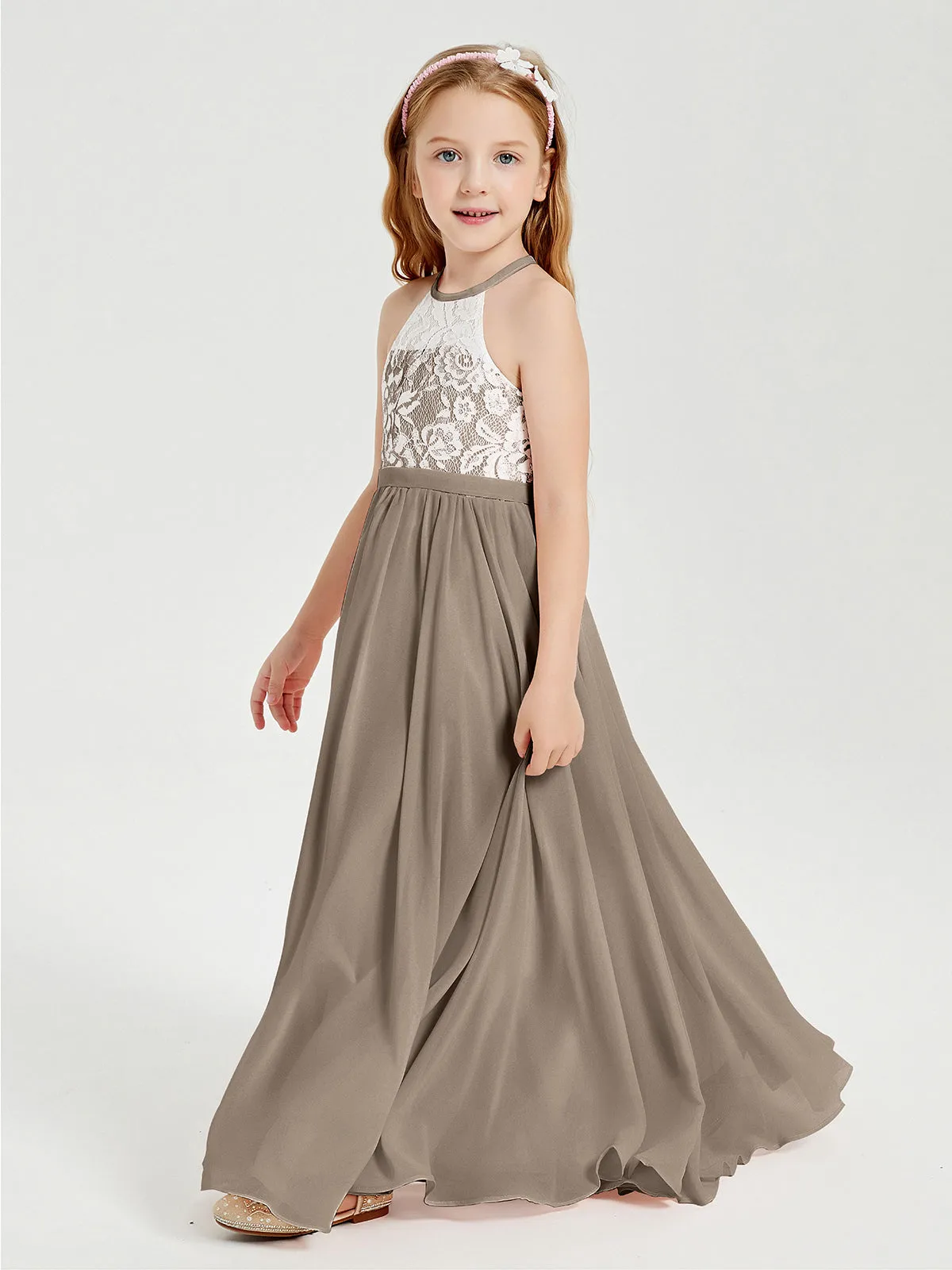 Long Chiffon Bridesmaid Dresses Lace Top Taupe