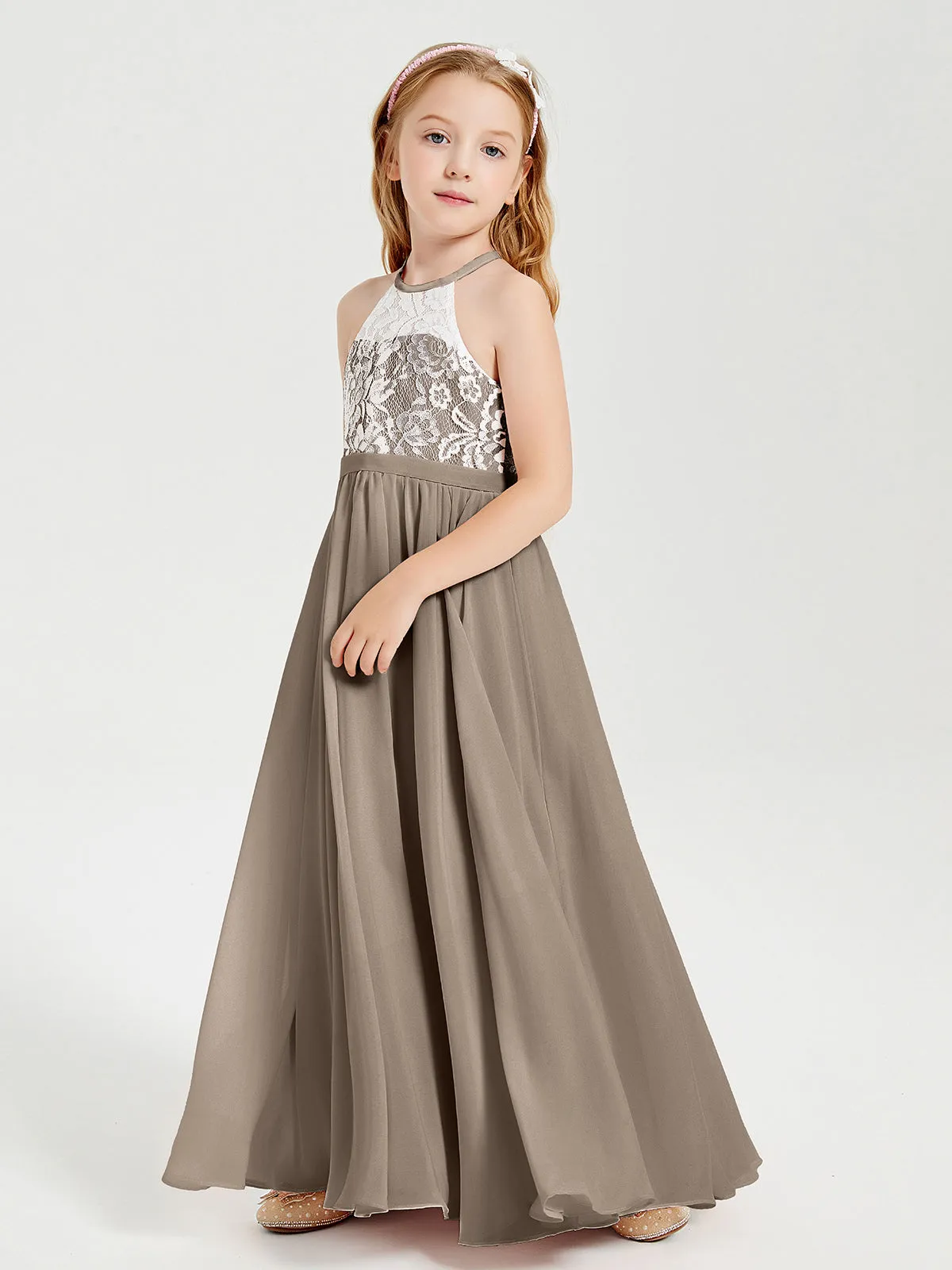 Long Chiffon Bridesmaid Dresses Lace Top Taupe