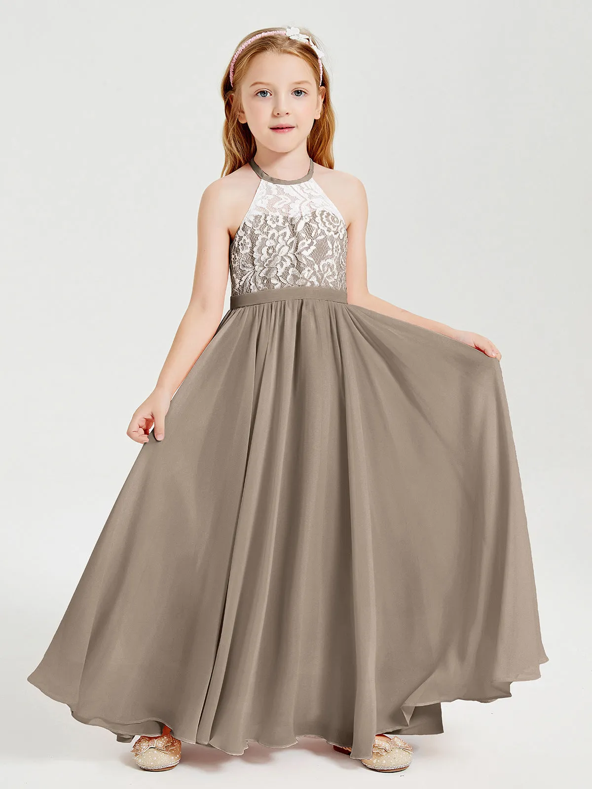 Long Chiffon Bridesmaid Dresses Lace Top Taupe