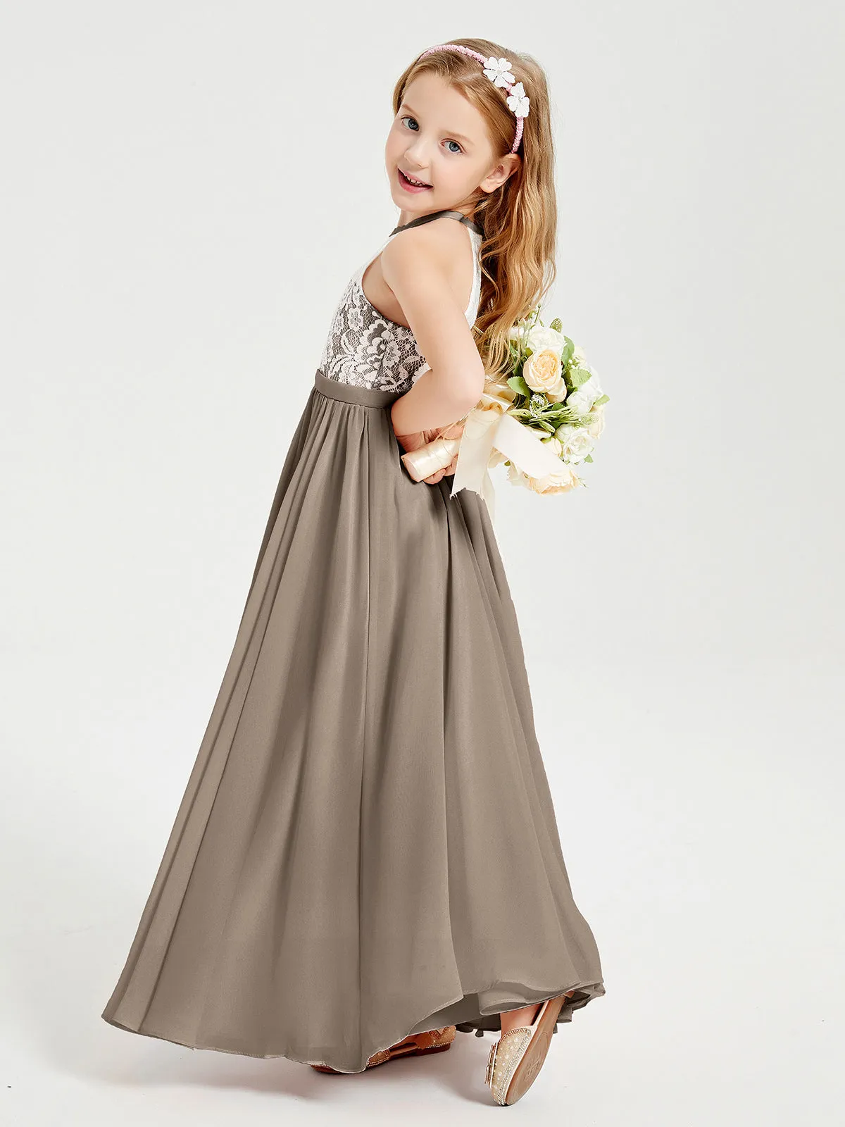 Long Chiffon Bridesmaid Dresses Lace Top Taupe