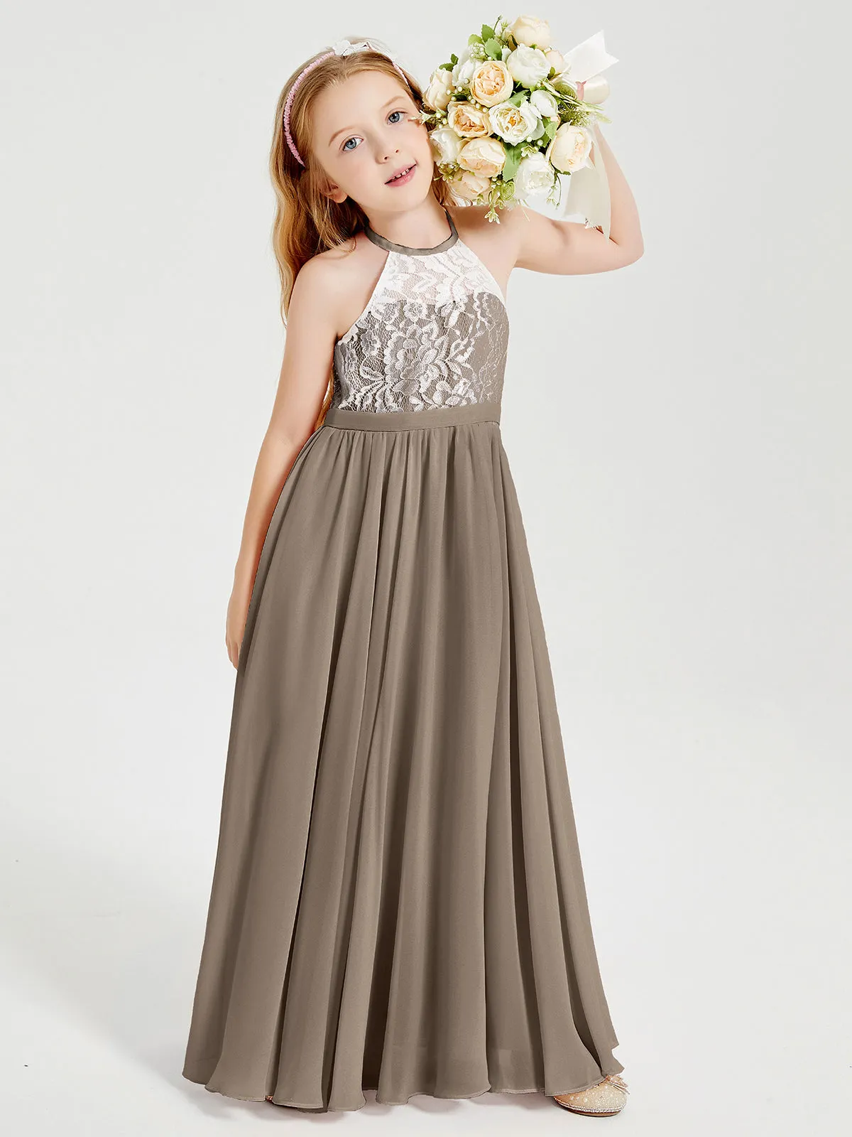 Long Chiffon Bridesmaid Dresses Lace Top Taupe