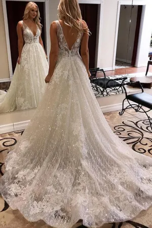 Luxurious Ball Gown V Neck Open Back Ivory Lace Wedding Dresses,Sequins Beach Bridal Dresses SWK15259