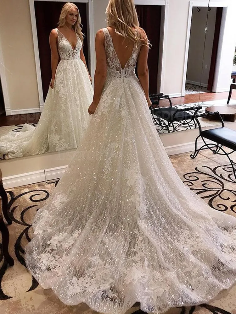 Luxurious Ball Gown V Neck Open Back Ivory Lace Wedding Dresses,Sequins Beach Bridal Dresses SWK15259