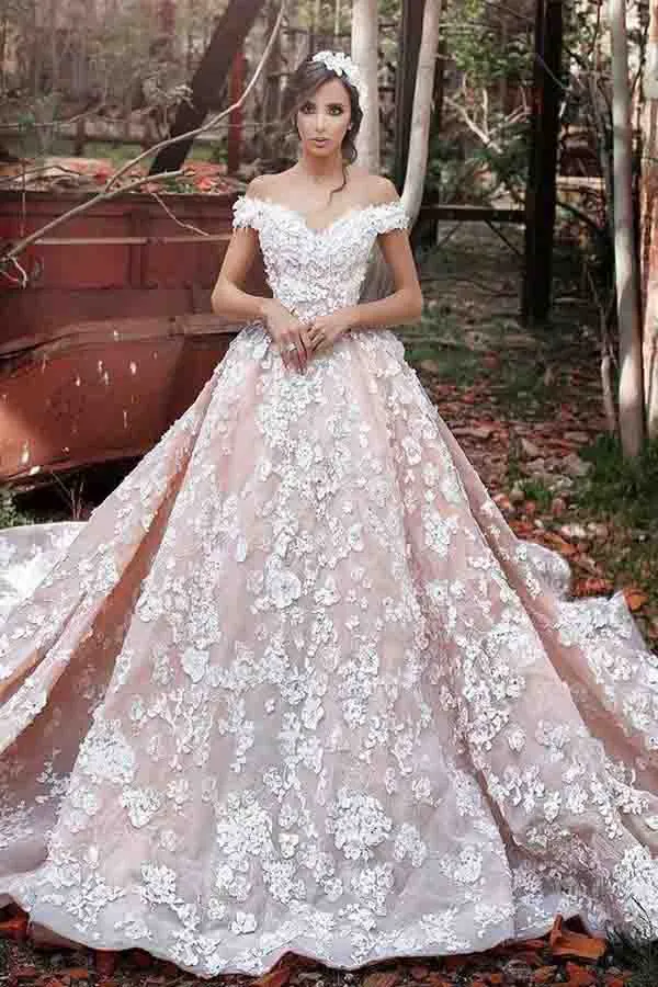 Luxurious Off Shoulder Watteau Train Formal Lace Dramatic Blush Wedding Dress OK549