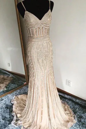 Luxurious Trumpet Spaghetti Sleeveless Long Beading Prom Dresses OKA23