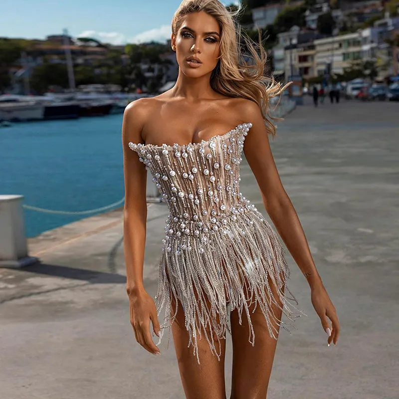 Luxury Pearls Tassels Strapless Cocktail Party Dress RM032