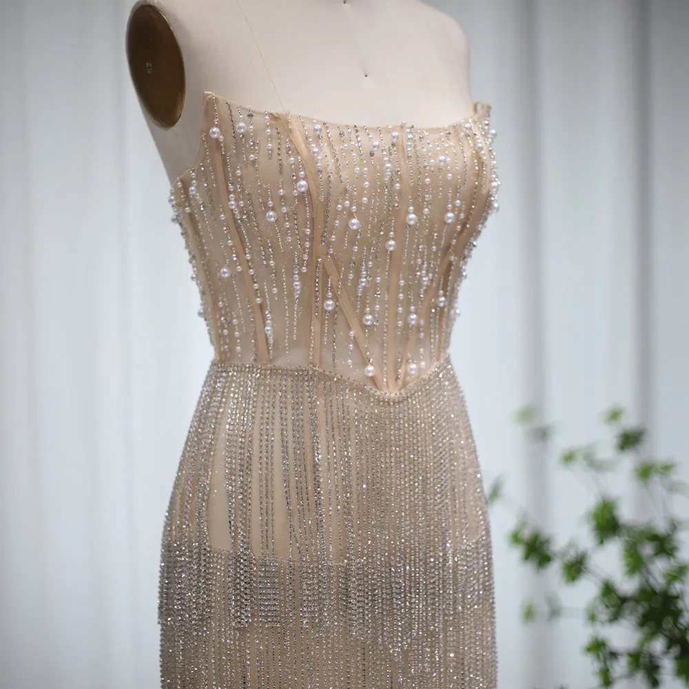 Luxury Pearls Tassels Strapless Cocktail Party Dress RM032