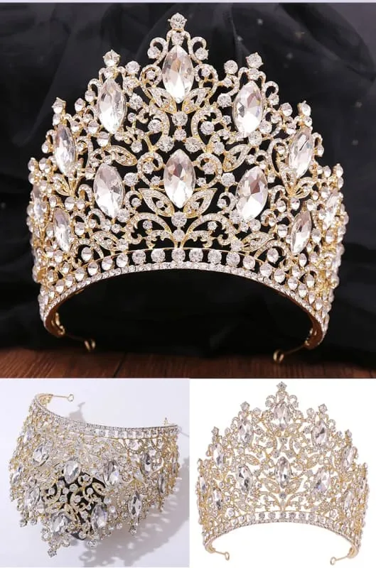 Luxury Royal Crown Tiara with Crystals and Filigree Designs