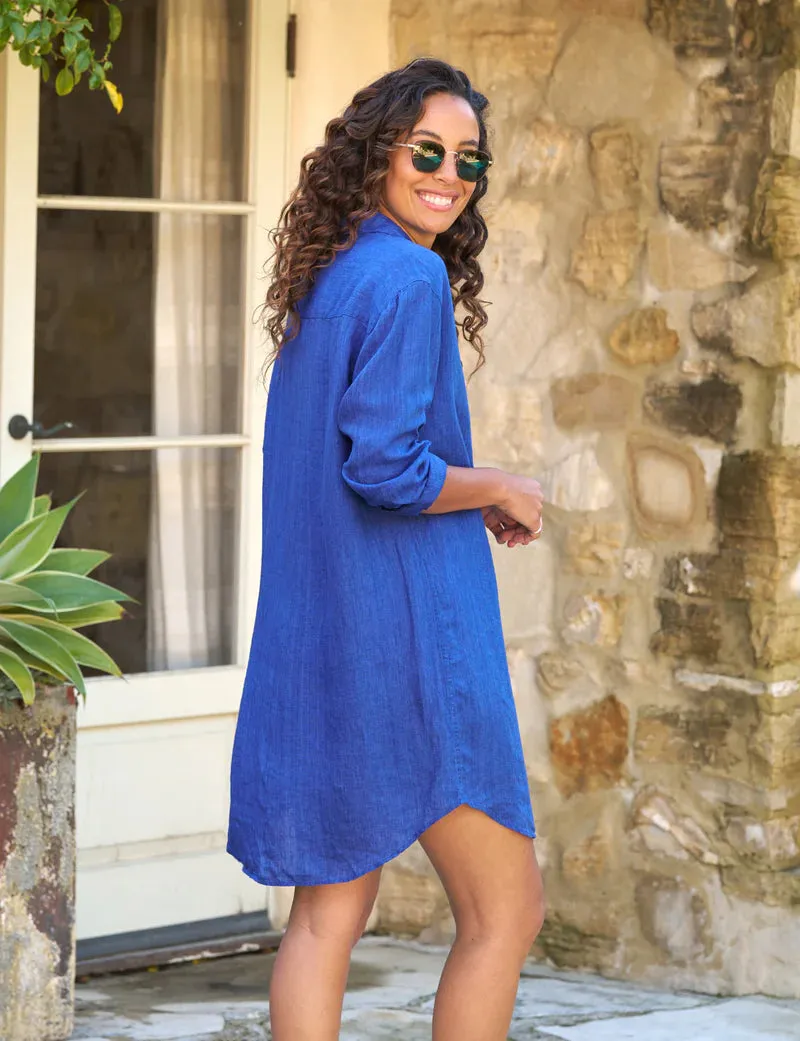 MARY Classic Linen Shirtdress in Bright Blue