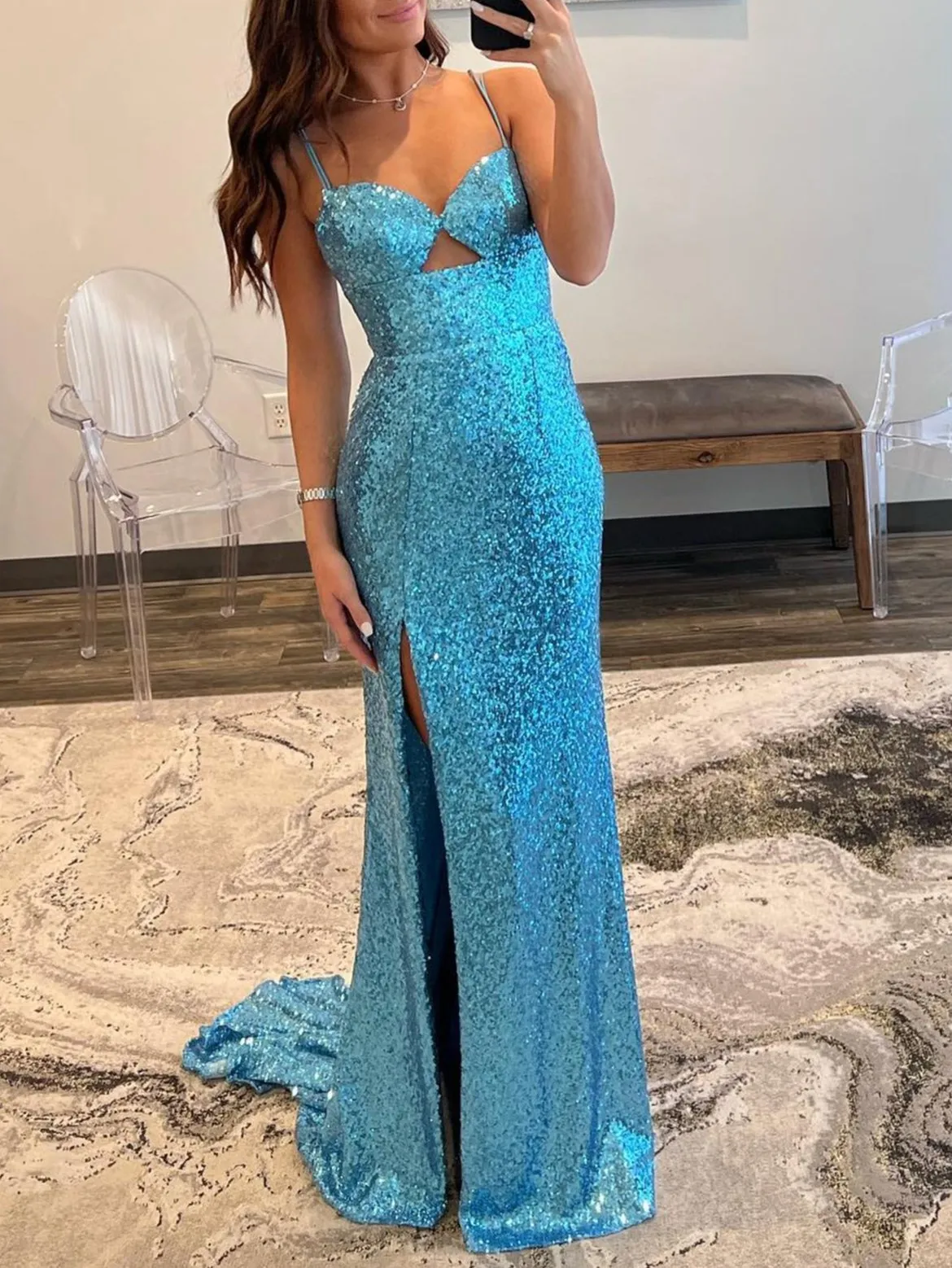 Mermaid V Neck Cutout Blue Long Prom Dress