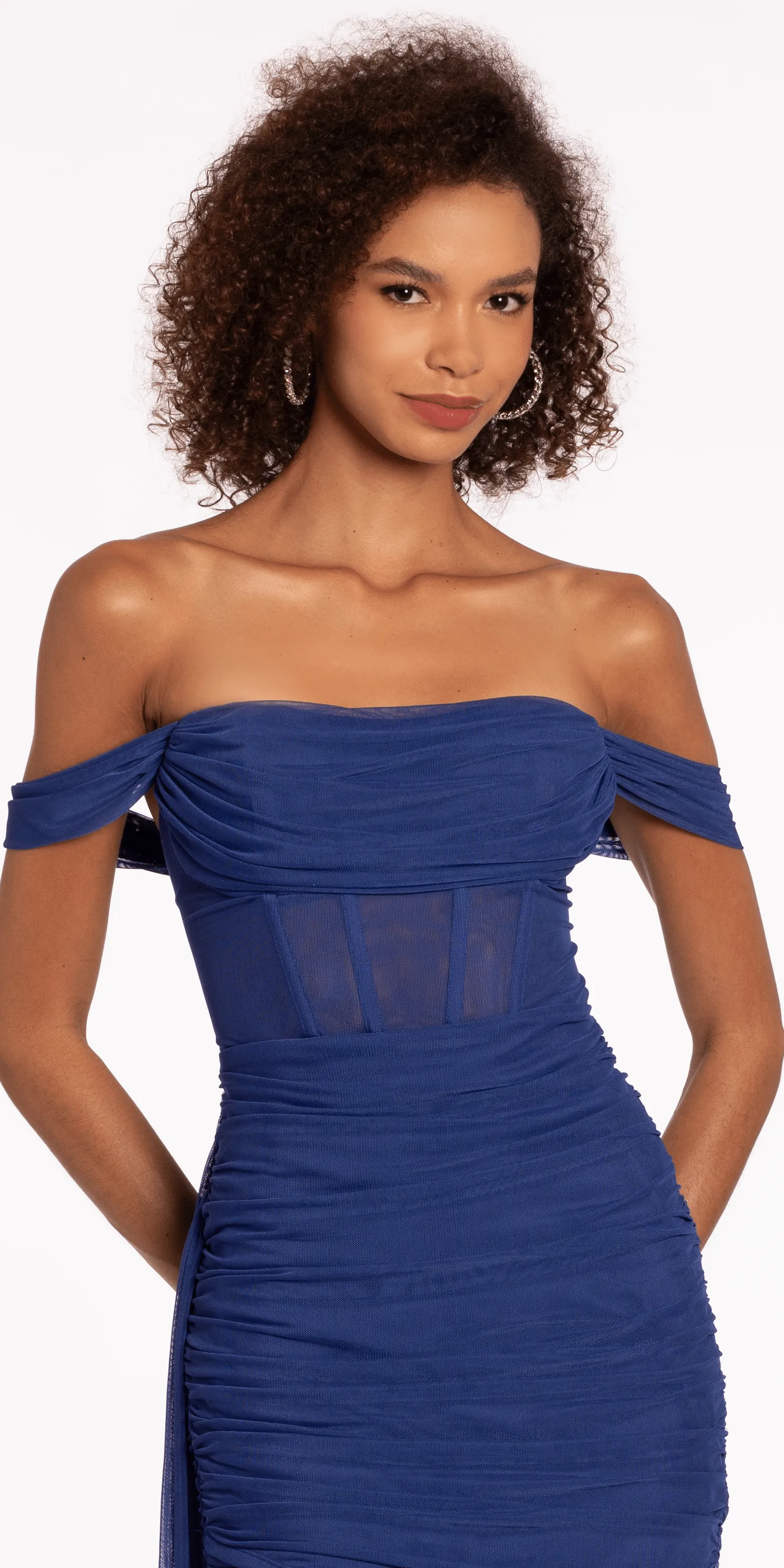 Mesh Off the Shoulder Corset Bodycon Dress with Side Tendril