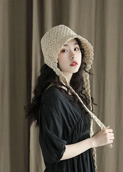 Modern Beige Lace Up Straw Woven Bucket Hat LC0551