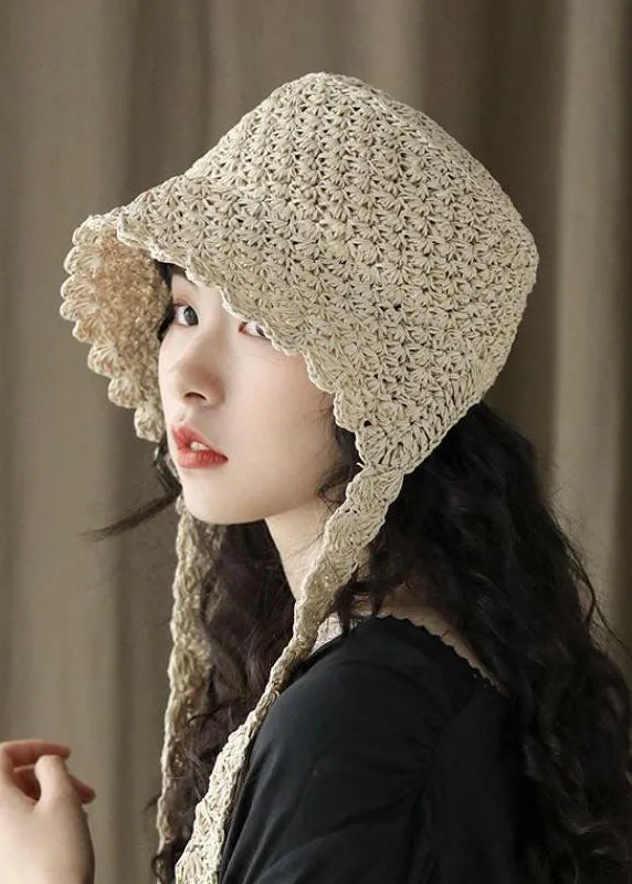 Modern Beige Lace Up Straw Woven Bucket Hat LC0551