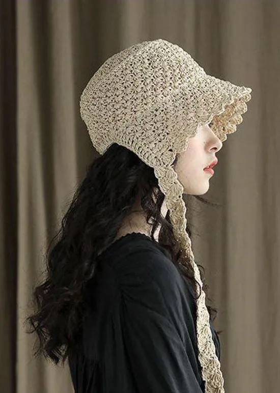 Modern Beige Lace Up Straw Woven Bucket Hat LC0551