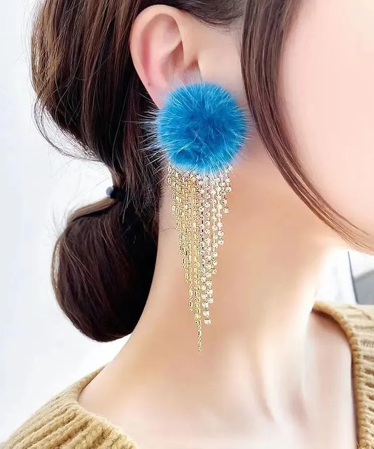 Modern Blue Zircon Tassel Mink Hair Tassel Drop Earrings LY9028