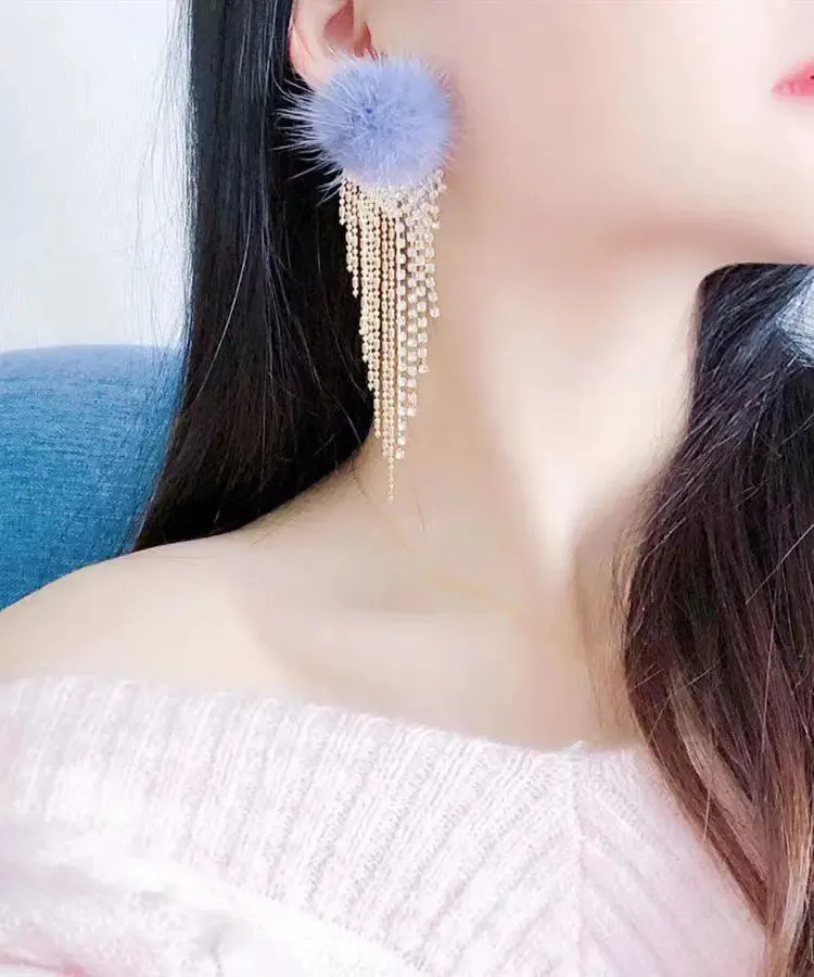 Modern Blue Zircon Tassel Mink Hair Tassel Drop Earrings LY9028