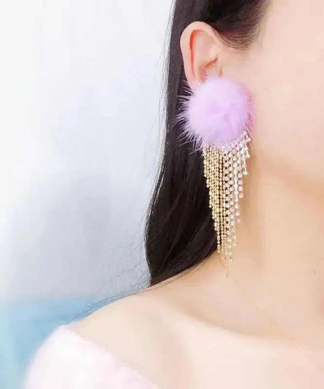 Modern Blue Zircon Tassel Mink Hair Tassel Drop Earrings LY9028