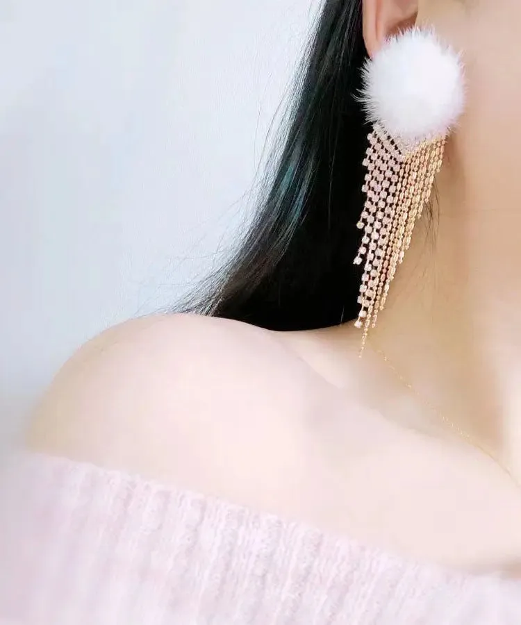 Modern Blue Zircon Tassel Mink Hair Tassel Drop Earrings LY9028