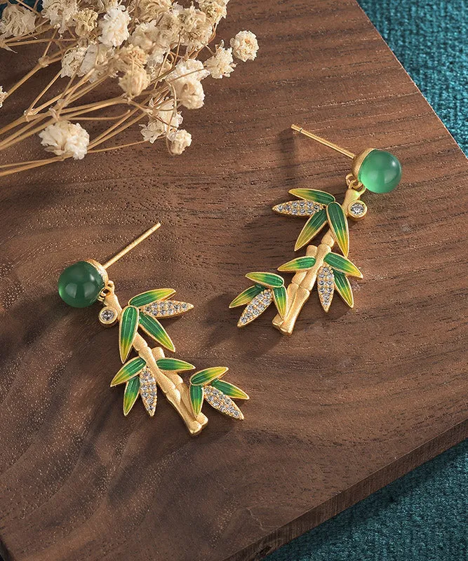 Modern Green Zircon Cloisonne Chalcedony Bamboo Leaf Drop Earrings