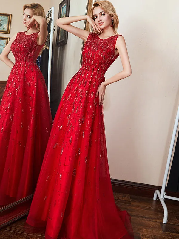 Modern Red Tulle A-Line Formal Prom Long Dresses