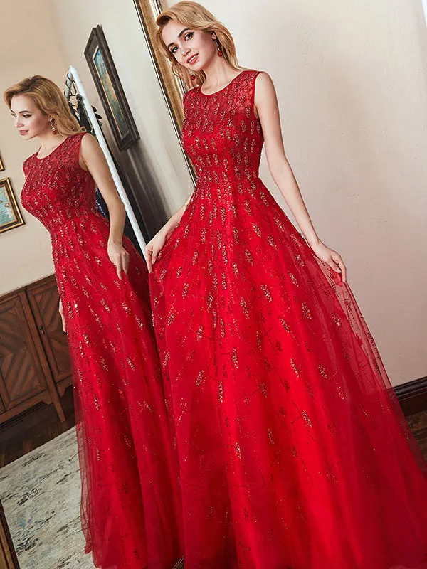 Modern Red Tulle A-Line Formal Prom Long Dresses