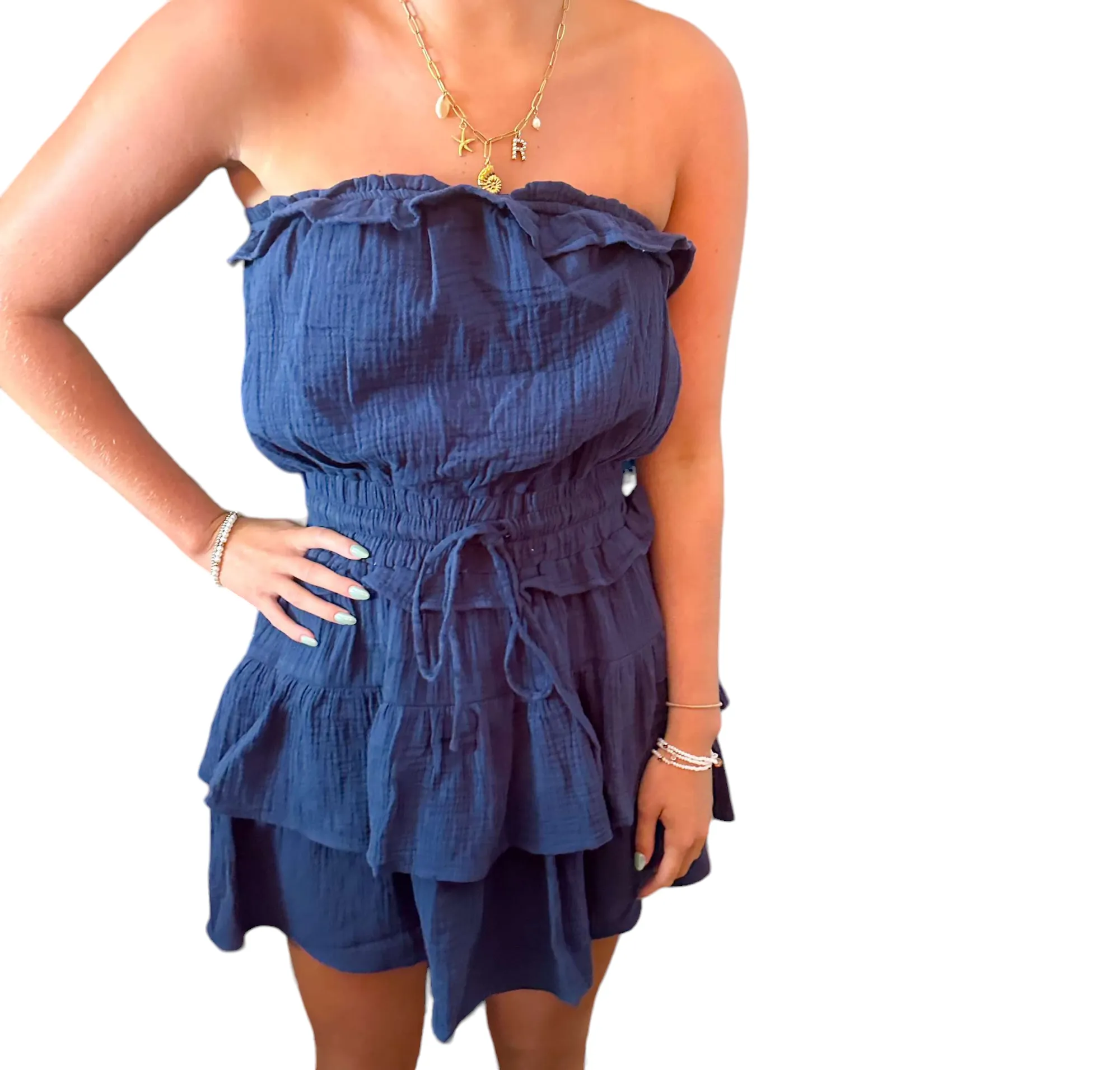 Navy Ruffle Delight Strapless Dress