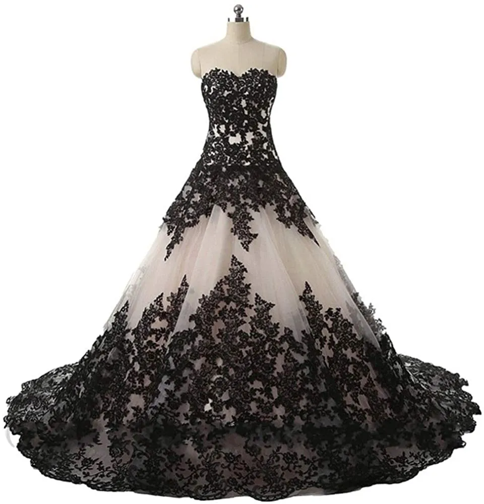 New Strapless Full Length Lace Up Formal Occasion Women&#39;s Gothic Wedding Dress Elegant Black Appliques Prom Ball Gowns