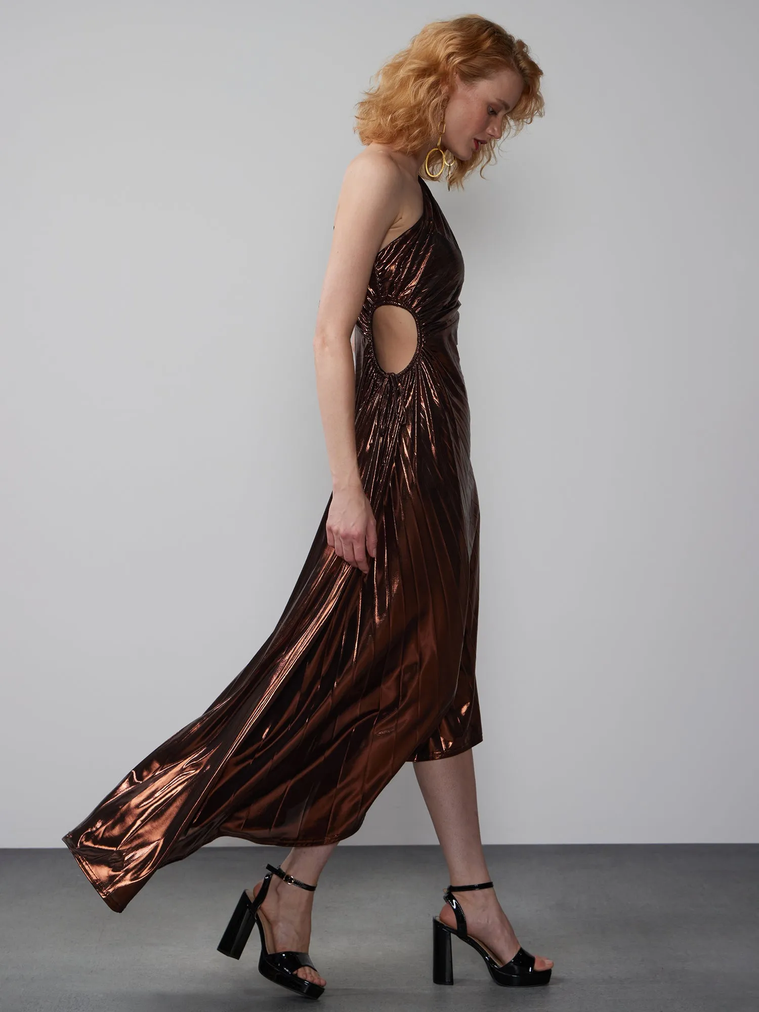 One Shoulder Metallic Pleated Asymmetric Dress