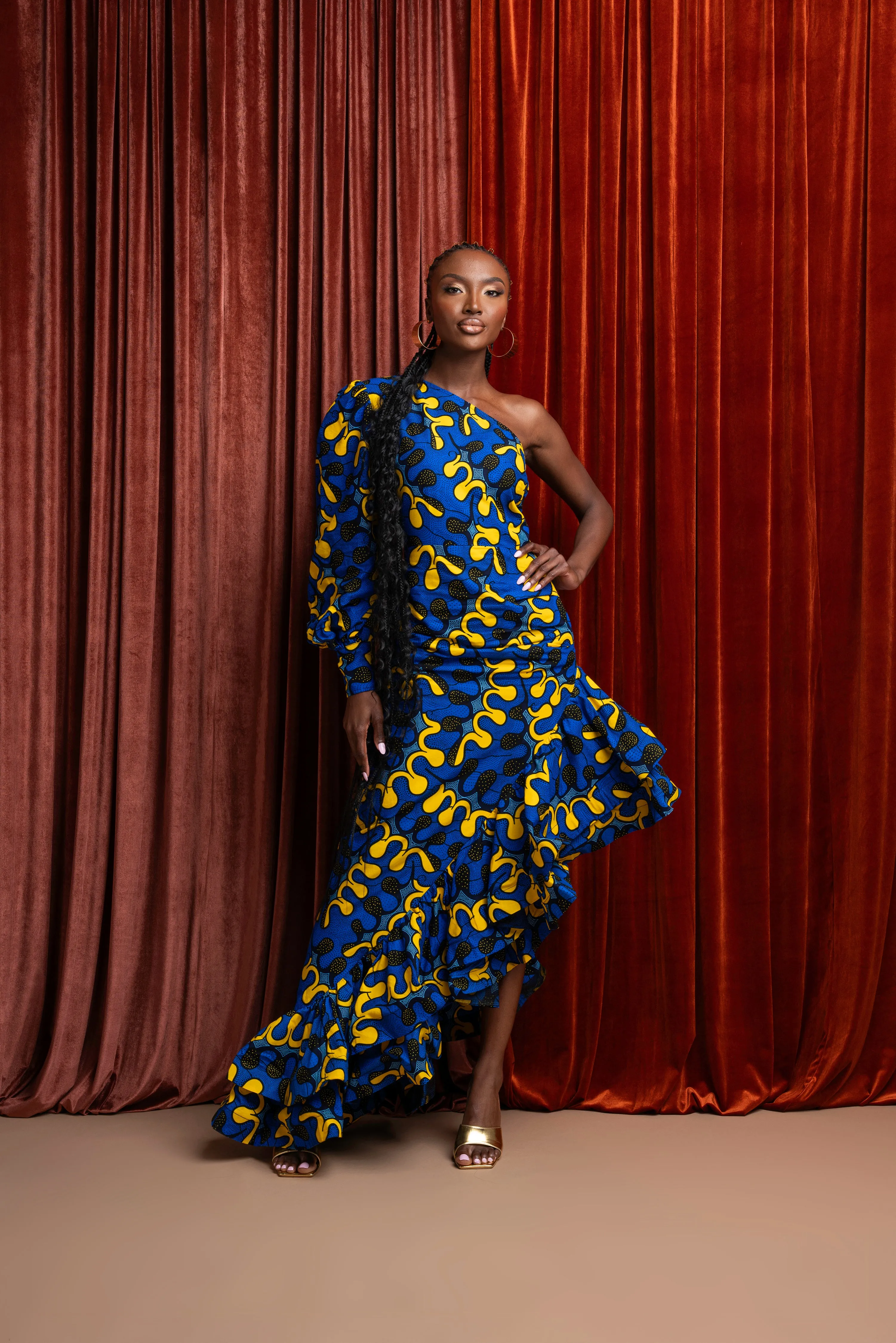 OPE One-sleeve Ruffle African Print Hi-low Dress