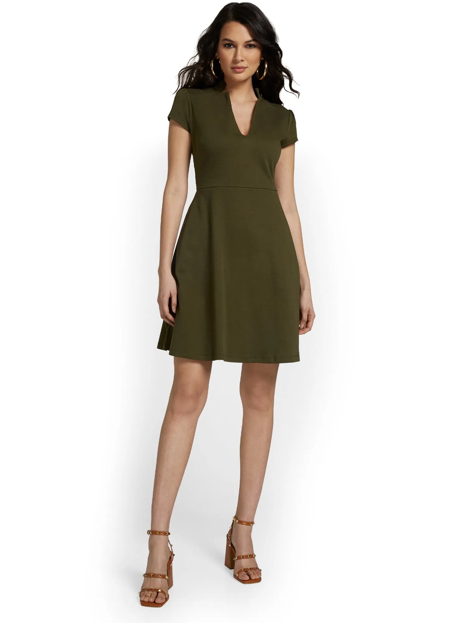 Petite Split-Neck Puff-Sleeve Flare Dress - City Knits