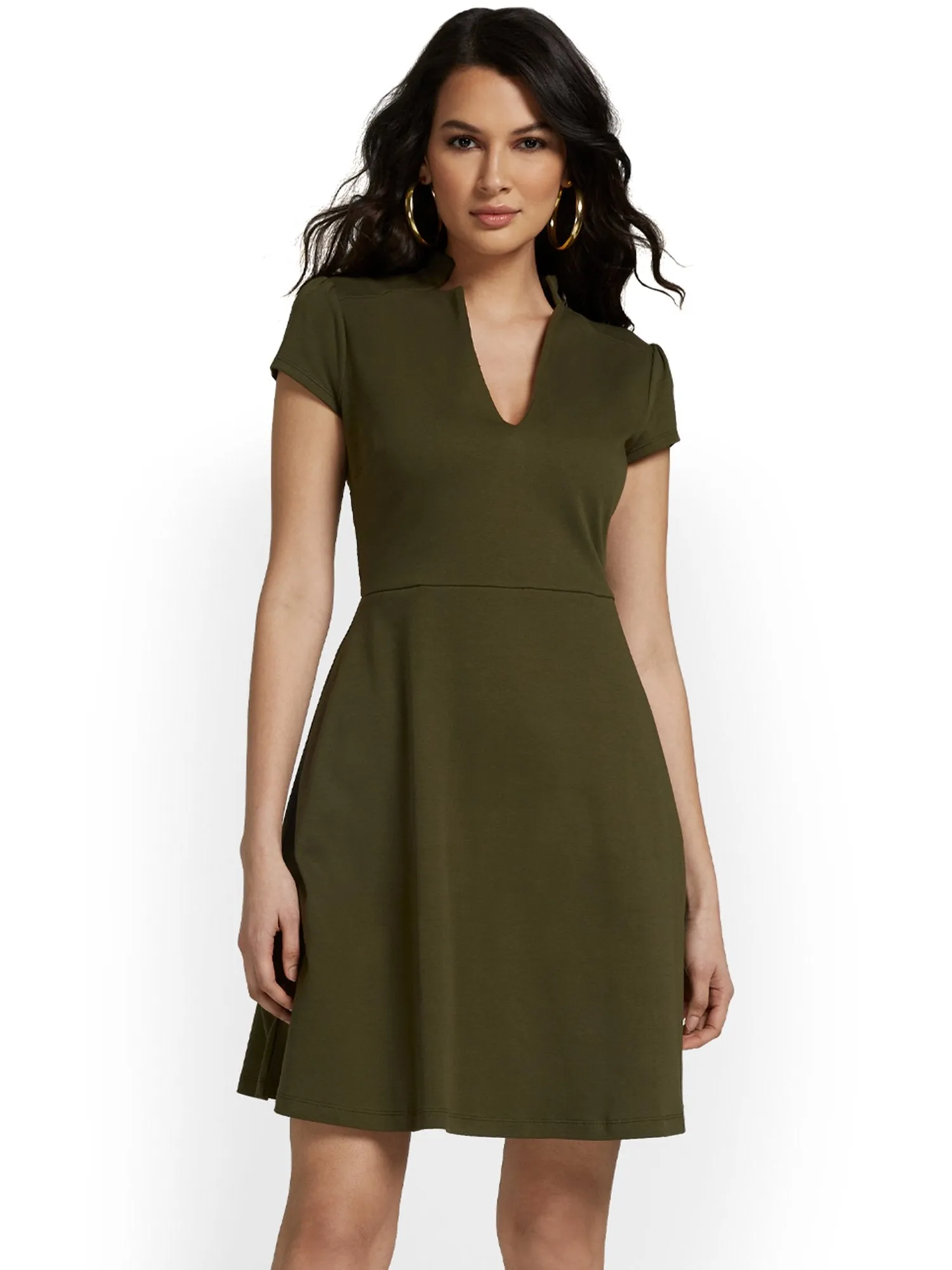 Petite Split-Neck Puff-Sleeve Flare Dress - City Knits