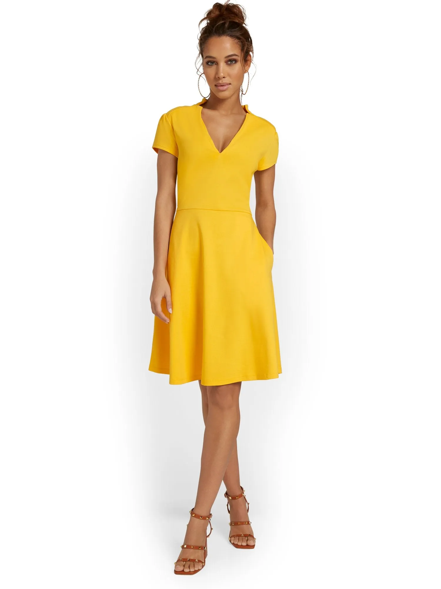 Petite Split-Neck Puff-Sleeve Flare Dress - City Knits