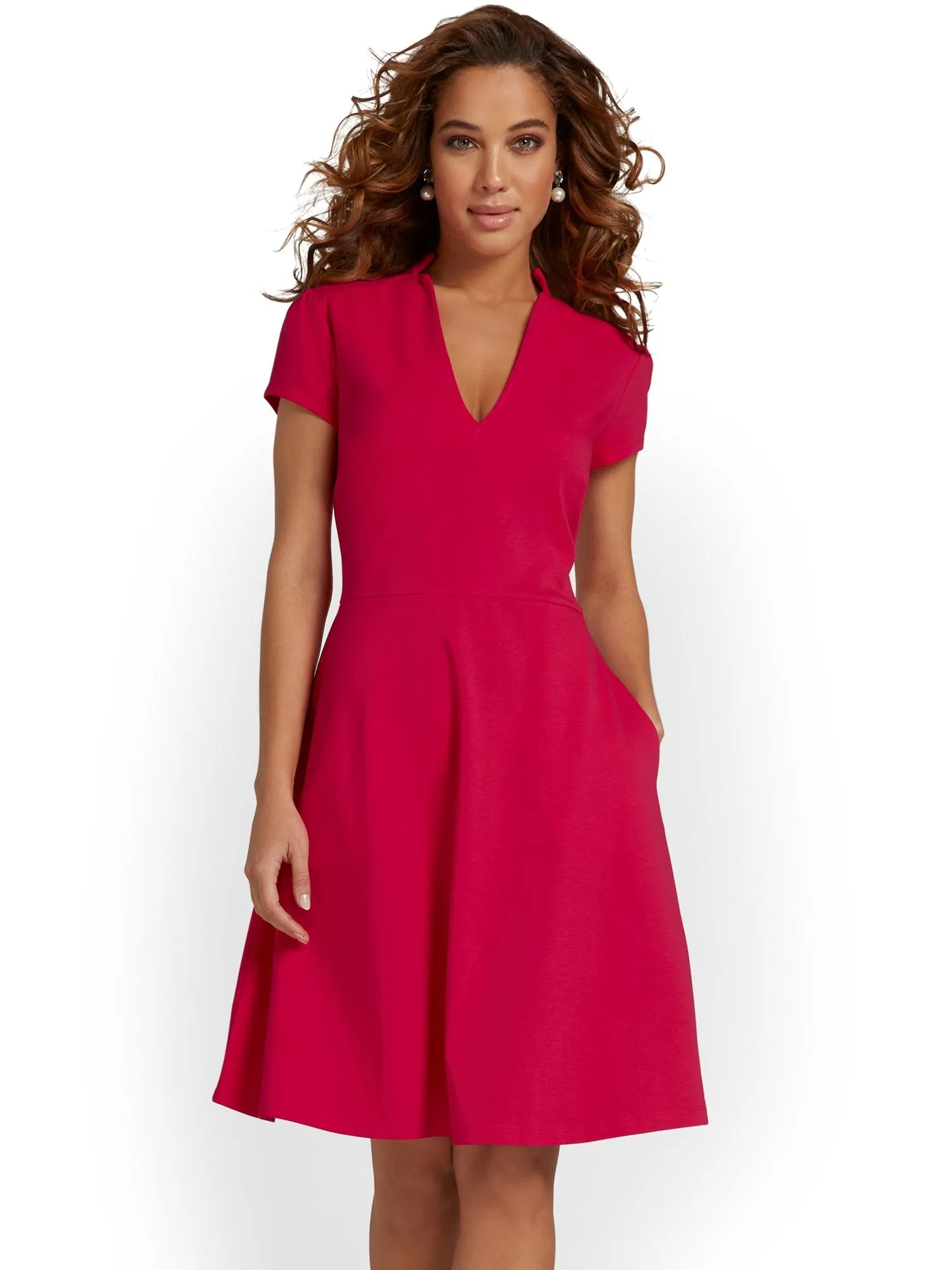 Petite Split-Neck Puff-Sleeve Flare Dress - City Knits