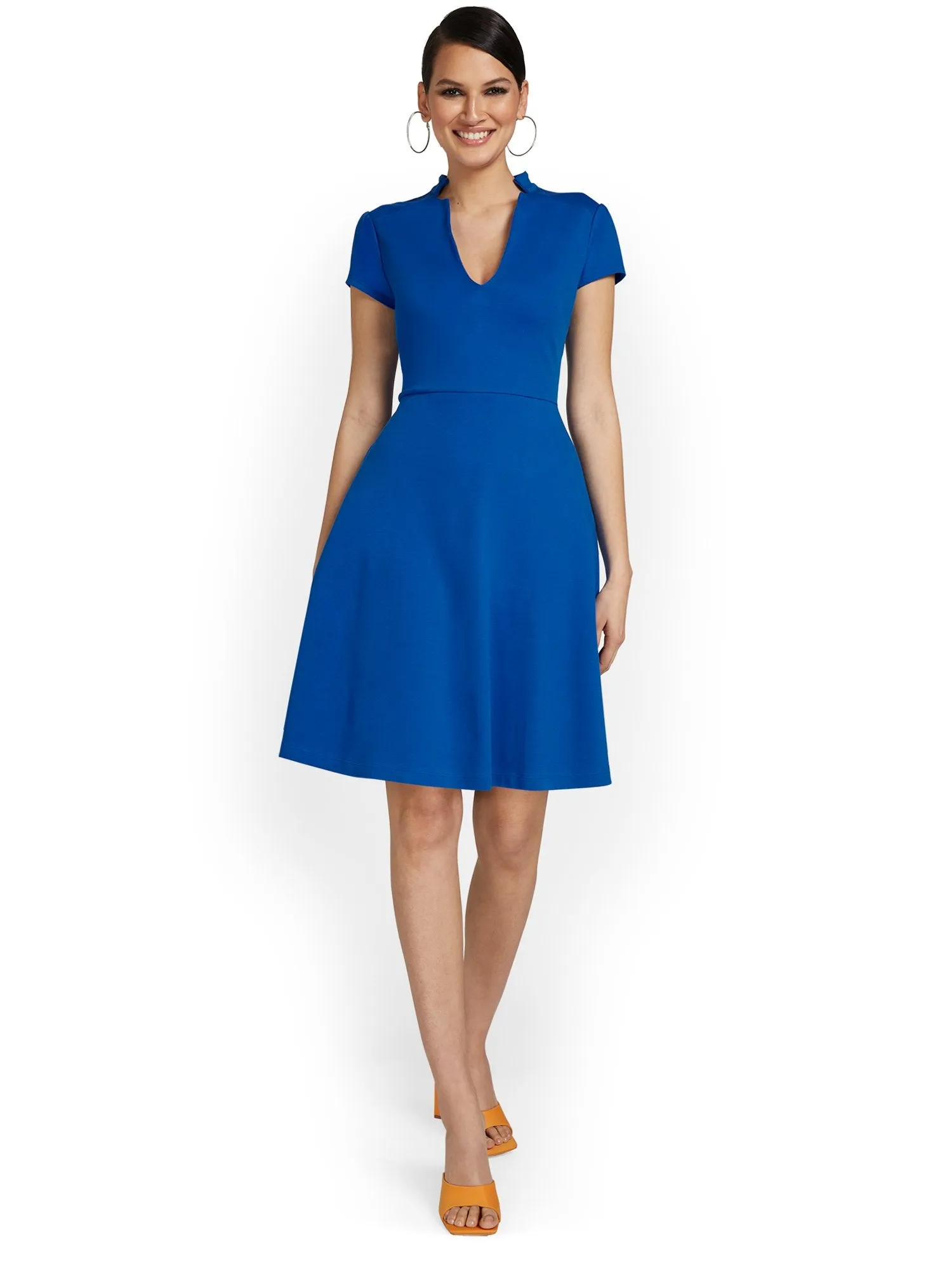 Petite Split-Neck Puff-Sleeve Flare Dress - City Knits