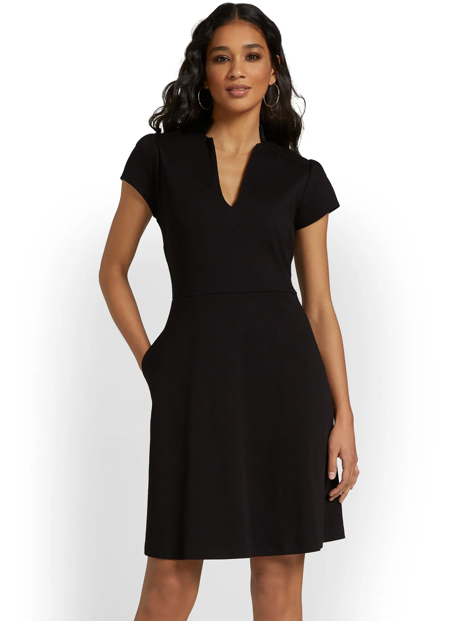 Petite Split-Neck Puff-Sleeve Flare Dress - City Knits