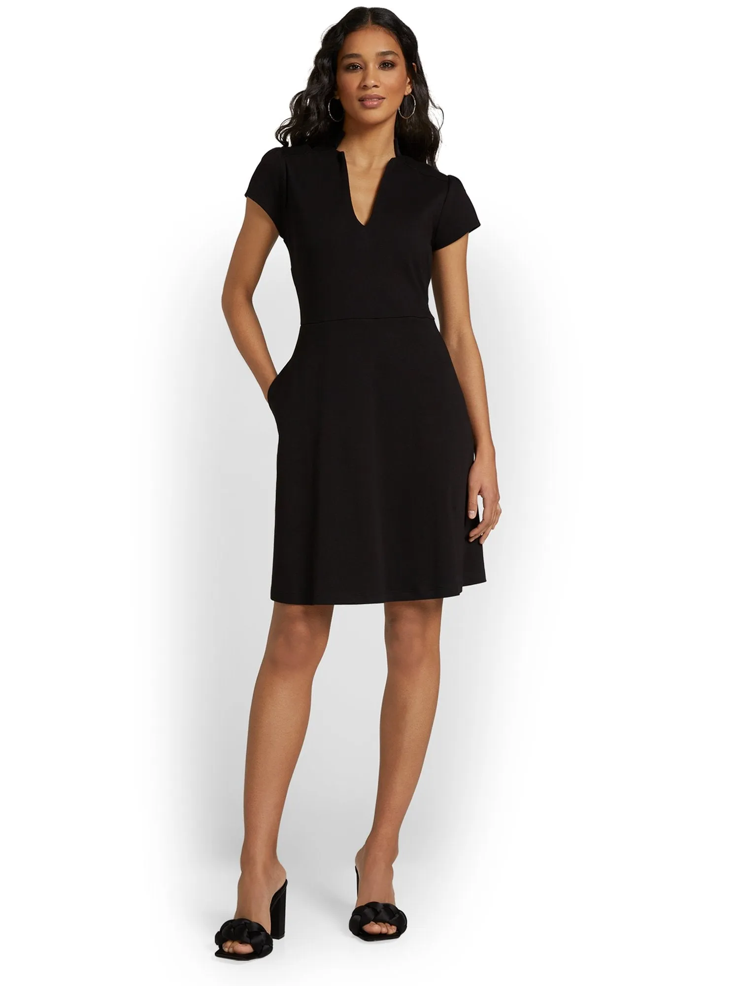 Petite Split-Neck Puff-Sleeve Flare Dress - City Knits